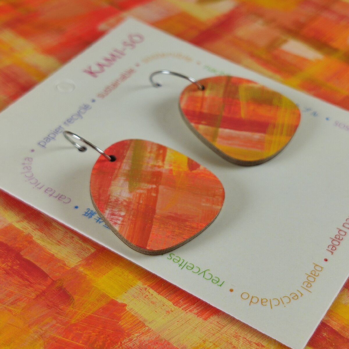 Square Recycled Paper Earrings - Orange, Red, Yellow & Gold Brushstrokes