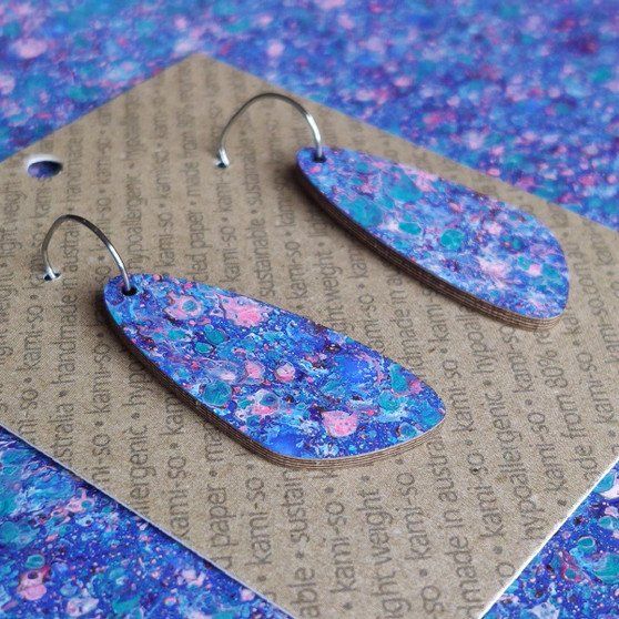 Oval Recycled Paper Earrings - Blue Speckle