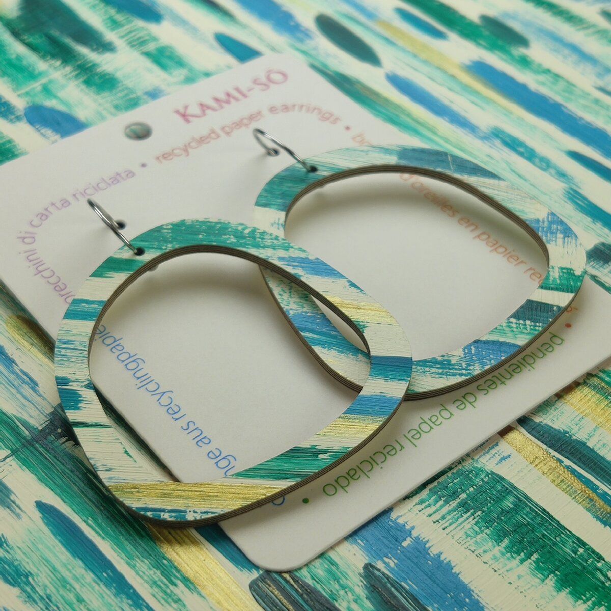 Square Recycled Paper Earrings - Green, Teal & Gold