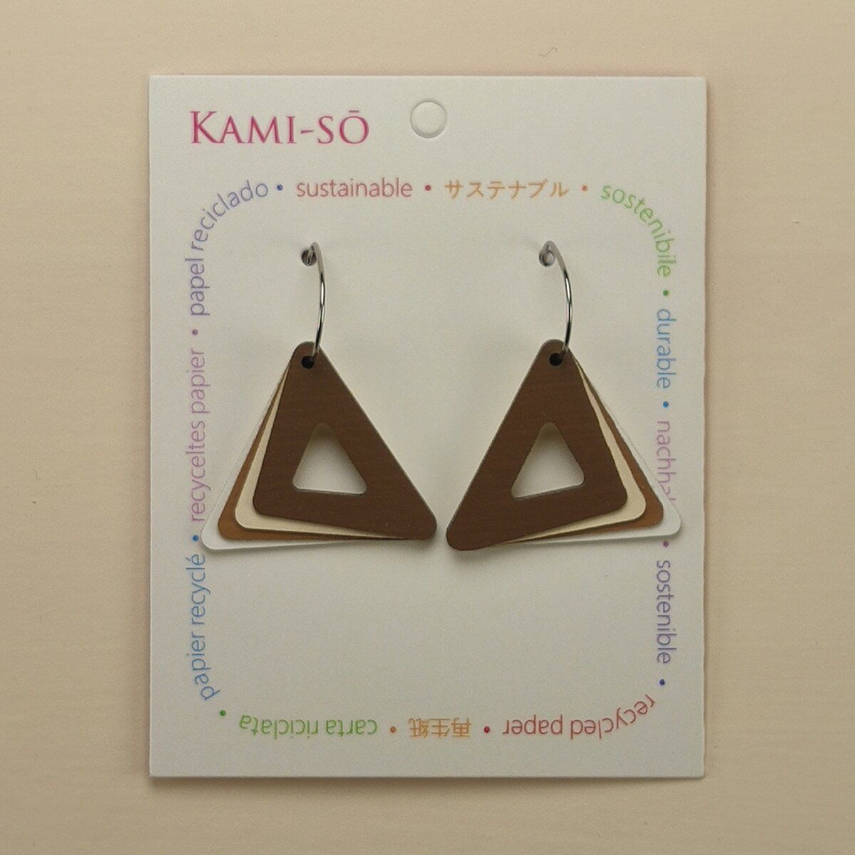 Triangle Layered Recycled Paper Earrings - Brown & Cream