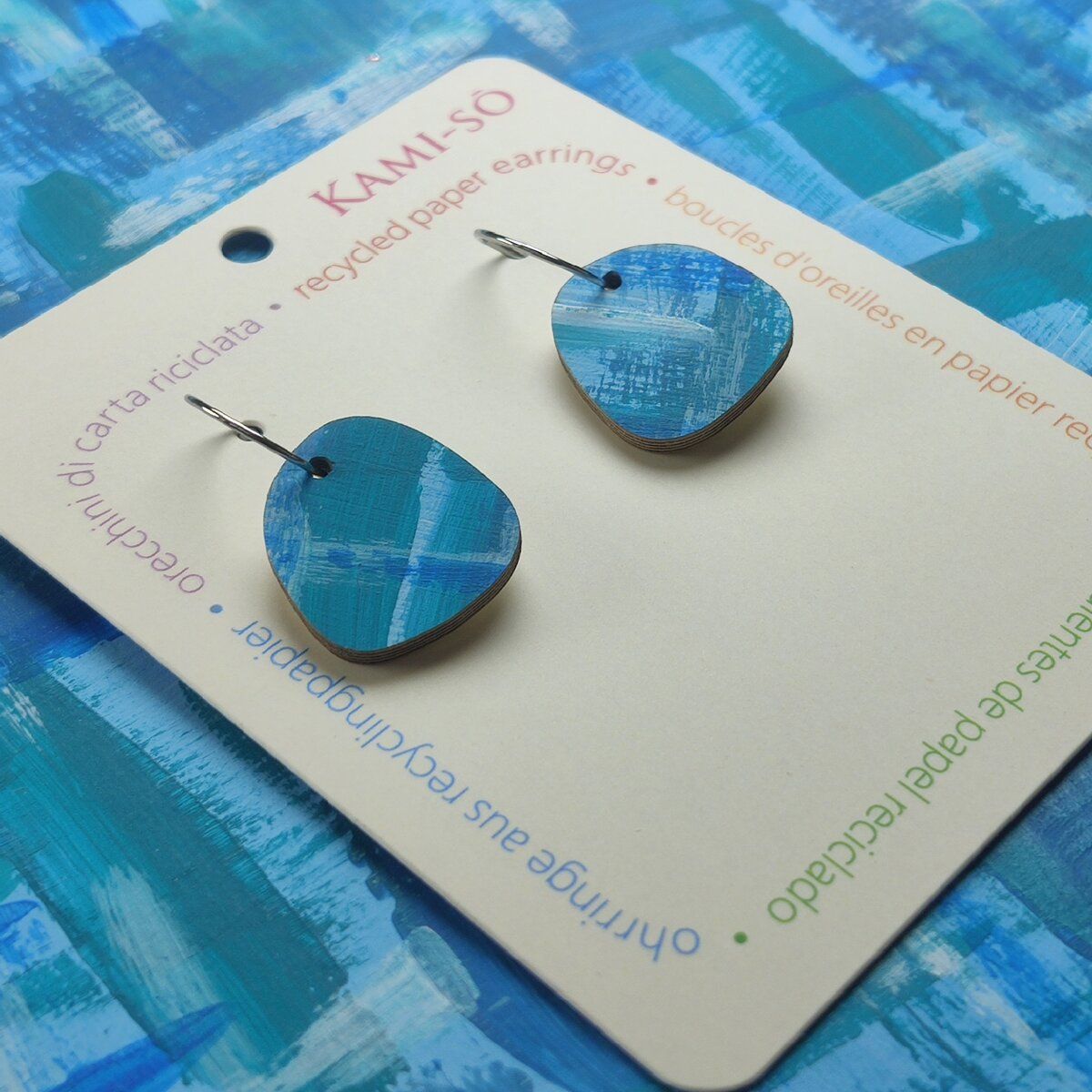 Square Recycled Paper Earrings - Blue Brushstrokes