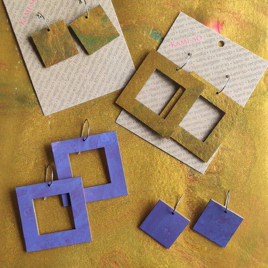 Reversible Square Recycled Paper Earrings - Gold / Purple