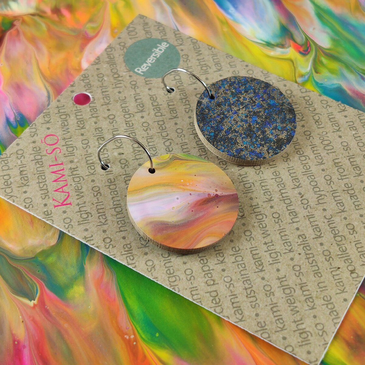 Reversible Circle Recycled Paper Earrings - Bright Multicolour / Dark Speckle