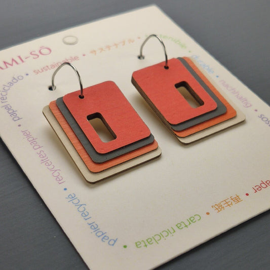 Rectangle Layered Recycled Paper Earrings - Orange, Brown & White