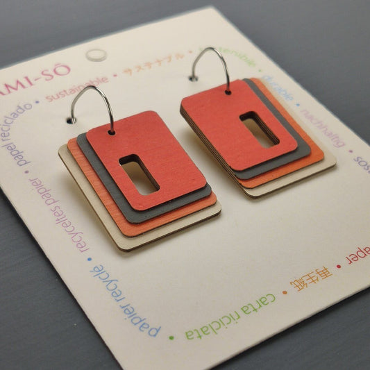 Rectangle Hoop Layered Recycled Paper Earrings - Orange, Brown & White