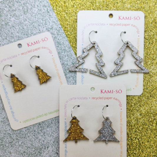Reversible Christmas Tree Recycled Paper Earrings - Silver Sparkle / Gold Sparkle