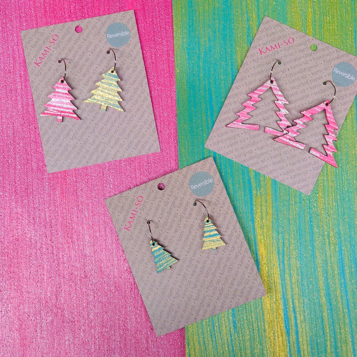 Reversible Christmas Tree Recycled Paper Earrings - Pink & Silver / Blue & Gold