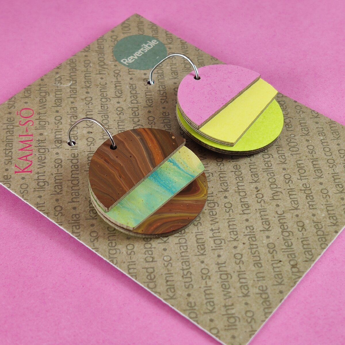 Reverse-A-Tile Fan Circle Recycled Paper Earrings - Brown & Blue / Pink, Yellow & Lime