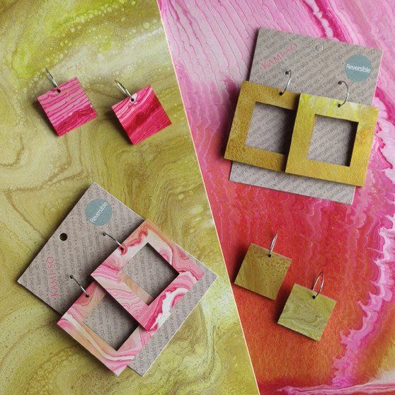 Reversible Square Recycled Paper Earrings - Red & Pink / Gold