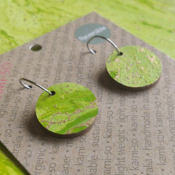 Reversible Circle Recycled Paper Earrings - Green & Gold / Orange