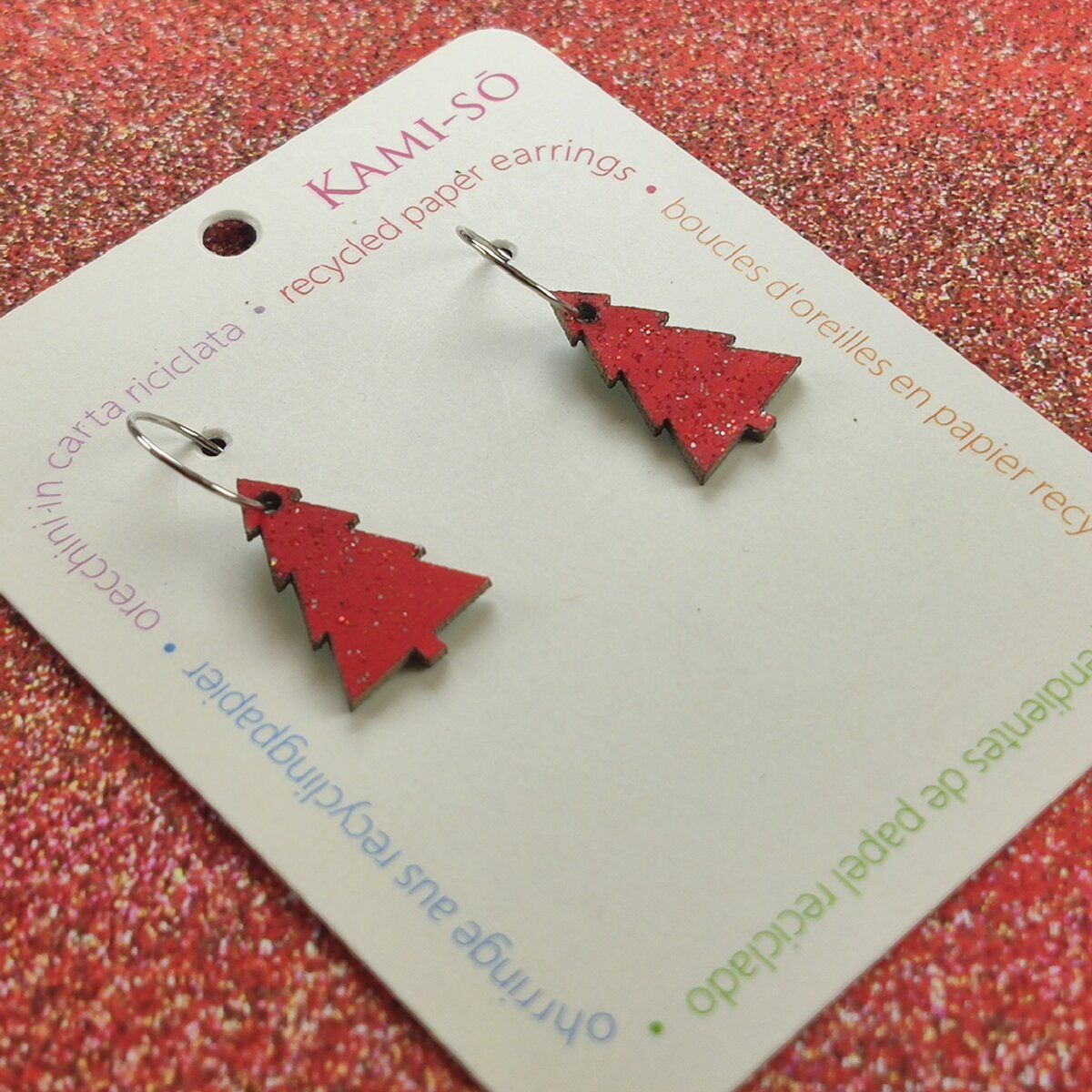 Reversible Christmas Tree Recycled Paper Earrings - Red Sparkle / Green Sparkle