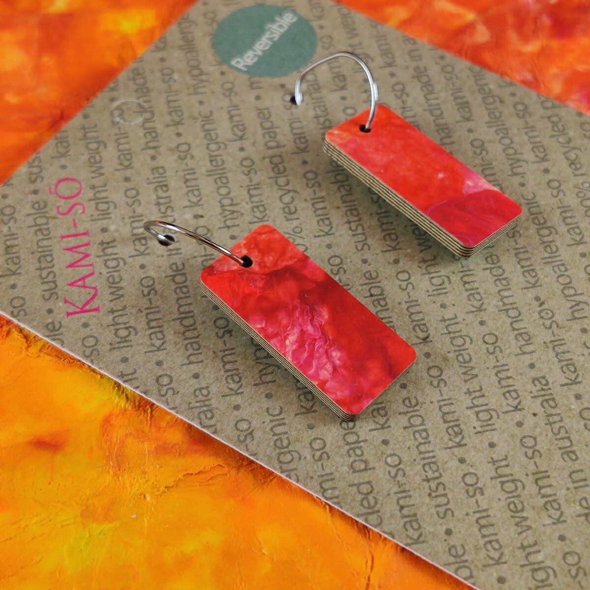 Reversible Rectangle Recycled Paper Earrings - Blue & White / Red & White