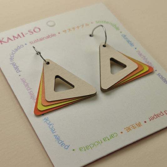 Triangle Layered Recycled Paper Earrings - White, Orange & Yellow