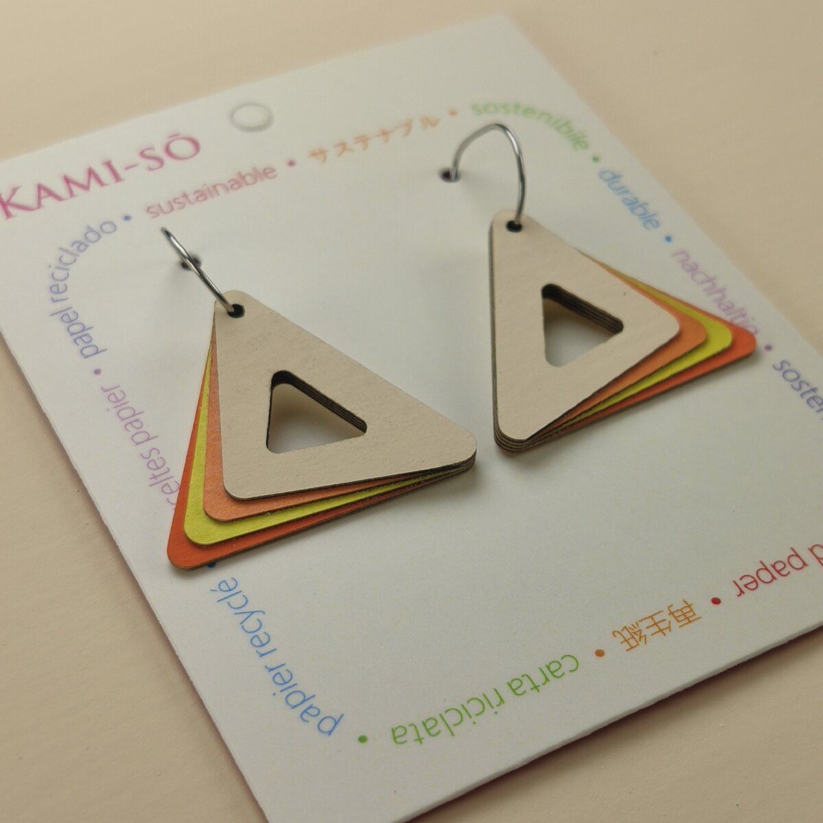 Triangle Hoop Layered Recycled Paper Earrings - White, Orange & Yellow