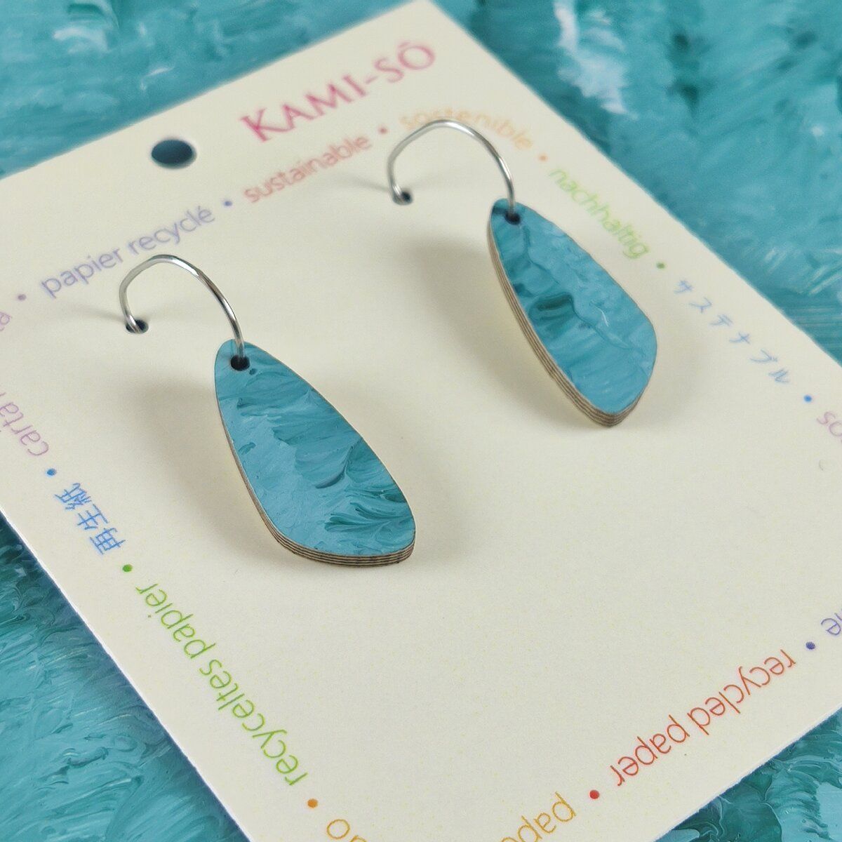 Oval Recycled Paper Earrings - Blue & Green Brushstrokes