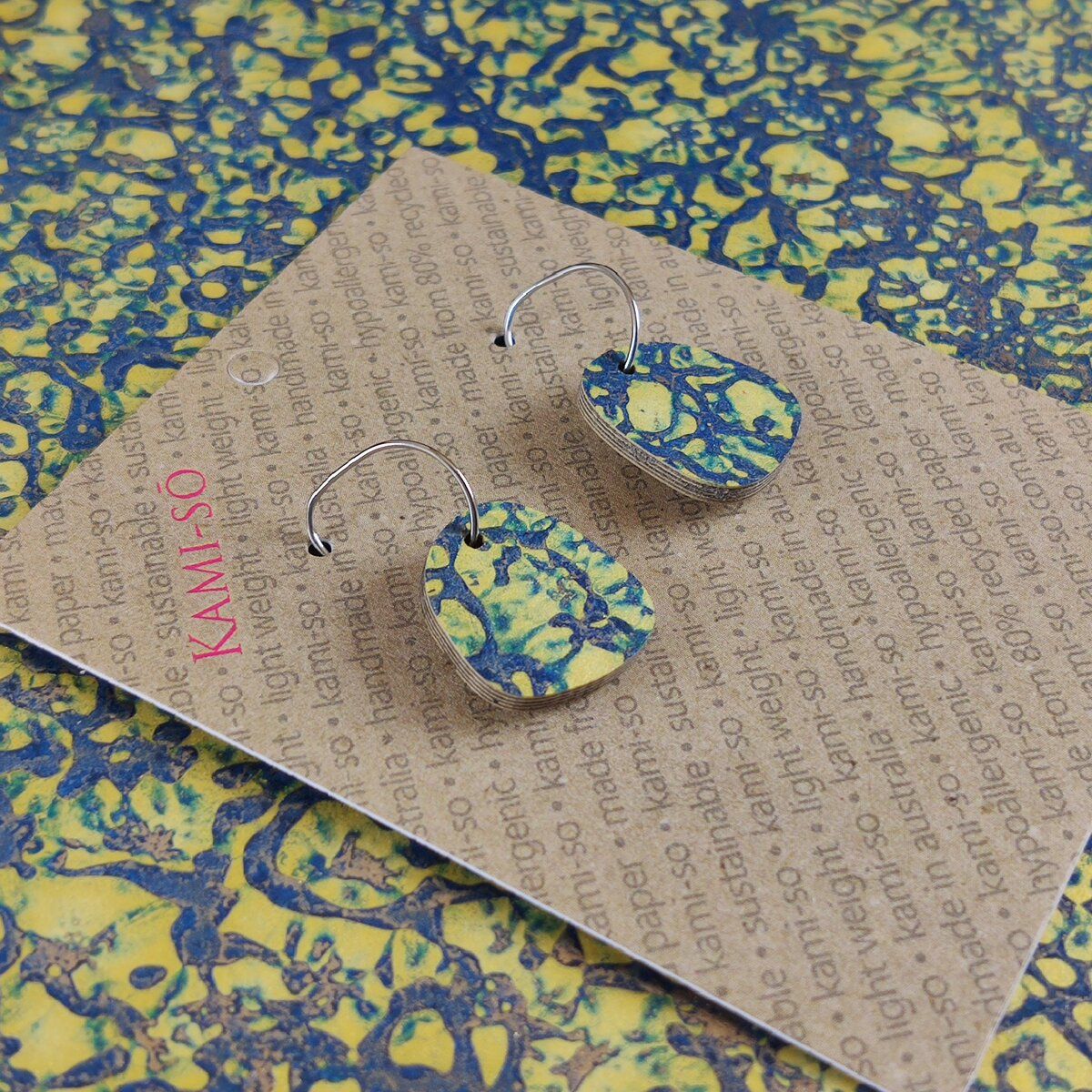 Square Recycled Paper Earrings - Gold & Blue Crackle