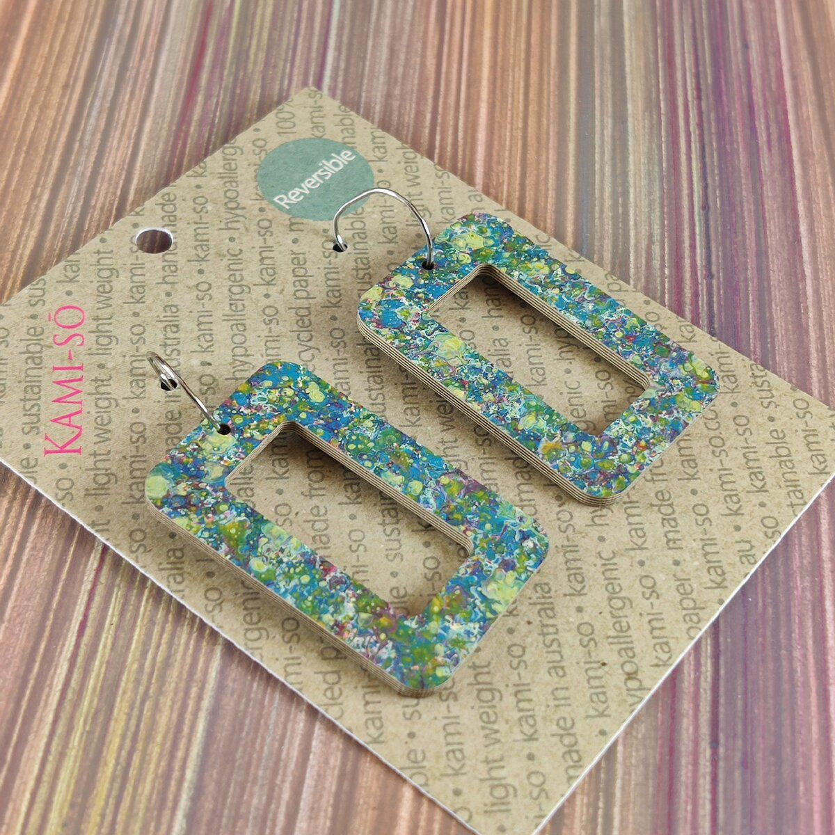 Reversible Rectangle Recycled Paper Earrings - Violet Multicolour Stripe / Blue Green Speckle