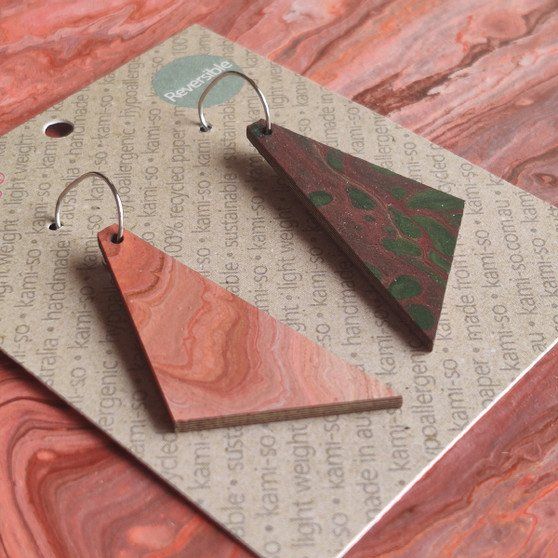 Reversible Triangle Recycled Paper Earrings - Light Brown / Brown & Green