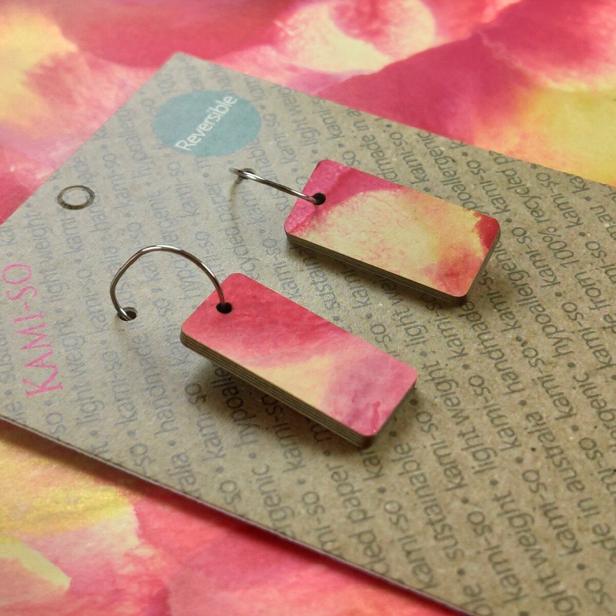 Reversible Rectangle Recycled Paper Earrings - Multicolour Swipe / Rose Gold