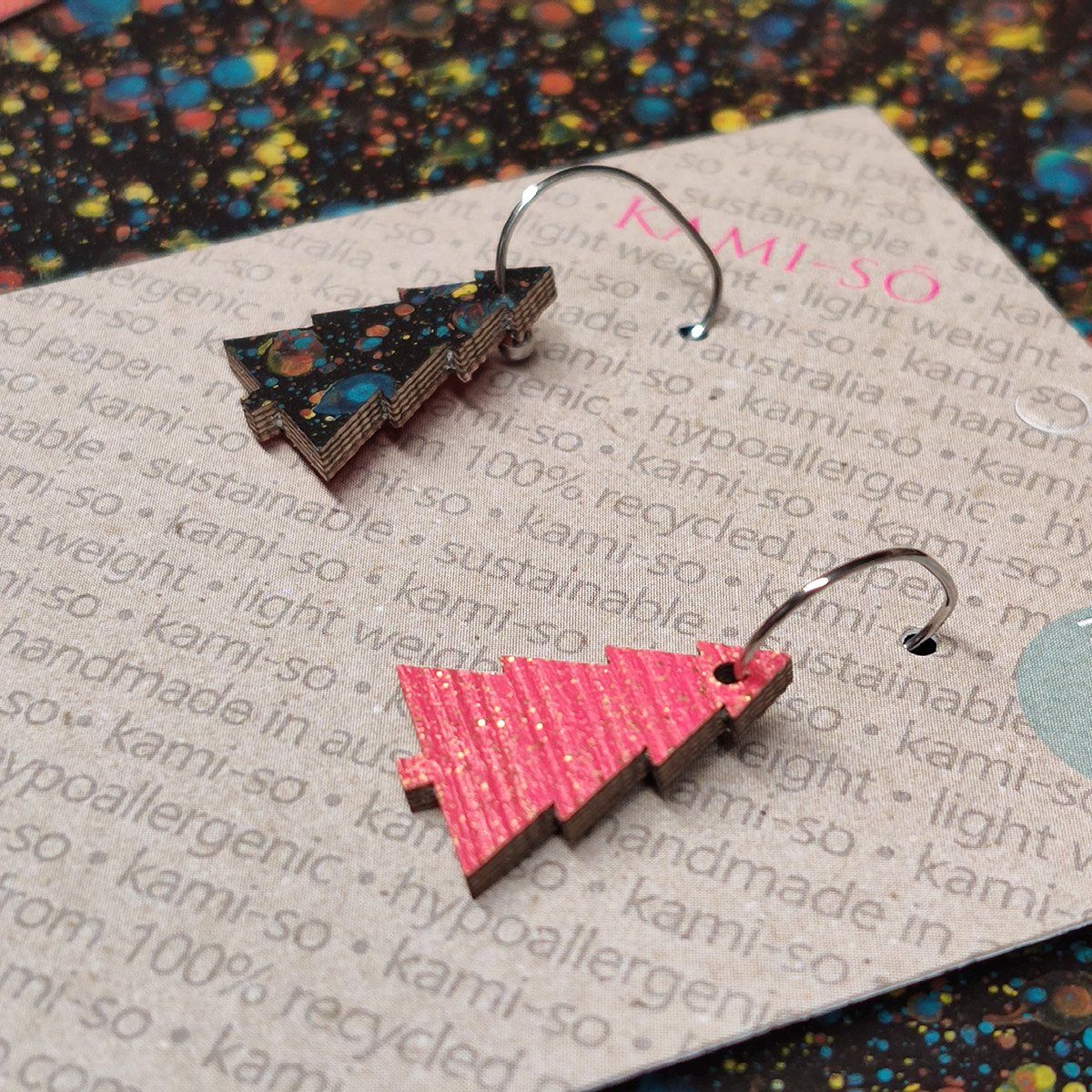 Reversible Christmas Tree Recycled Paper Earrings - Red & Gold / Black Speckle