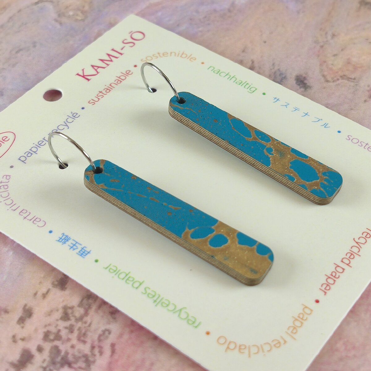 Reversible Paddle Recycled Paper Earrings - Turquoise & Gold / Brown
