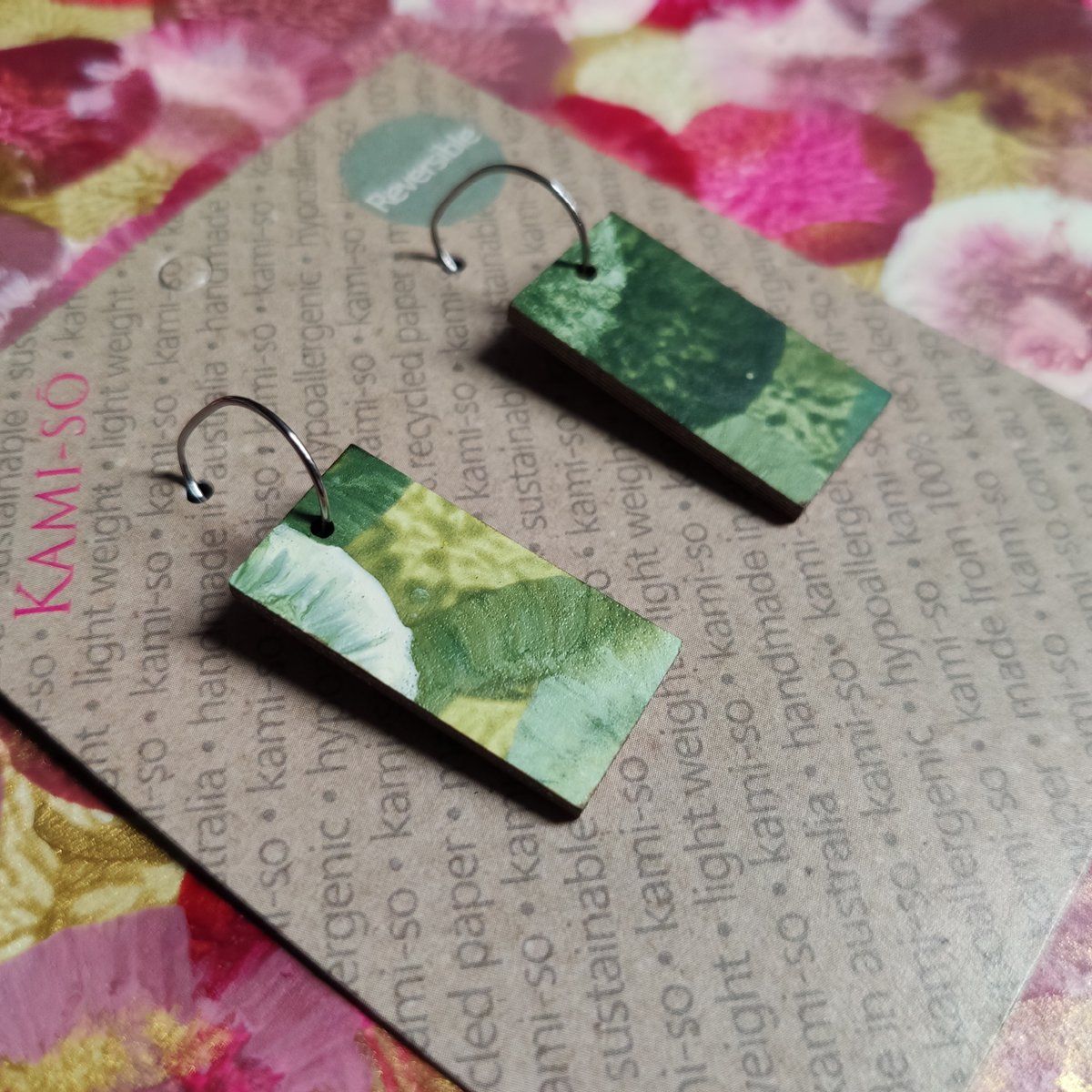 Reversible Rectangle Recycled Paper Earrings - Khaki & Gold / Mauve & Gold