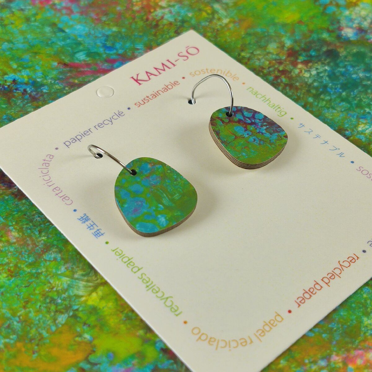 Square Recycled Paper Earrings - Green Multicolour