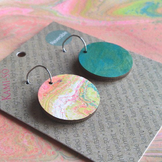 Reversible Circle Recycled Paper Earrings - Teal / Pink Multicolour