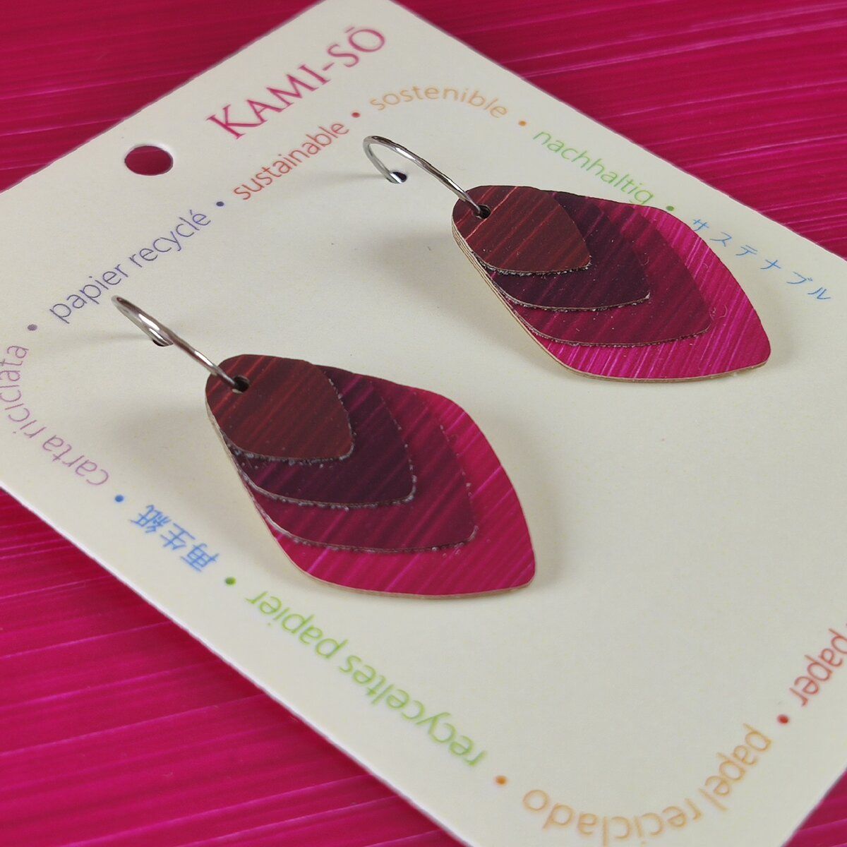 Diamond Layered Recycled Paper Earrings - Magenta