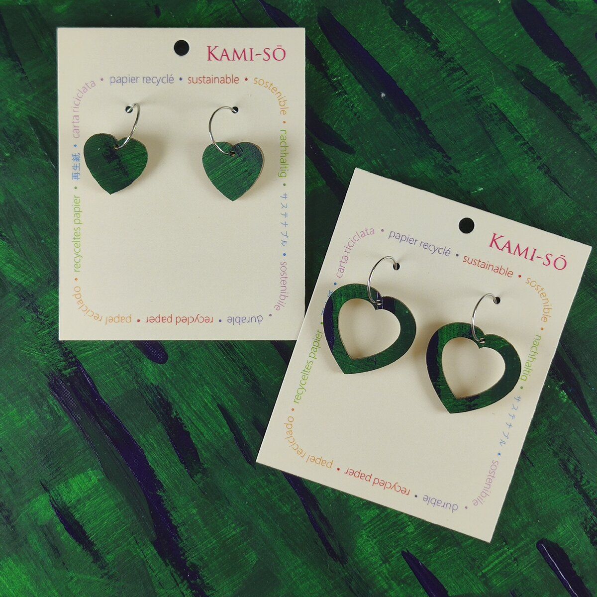 Mini Recycled Paper Earrings - Dark Green and Blue Brushstrokes
