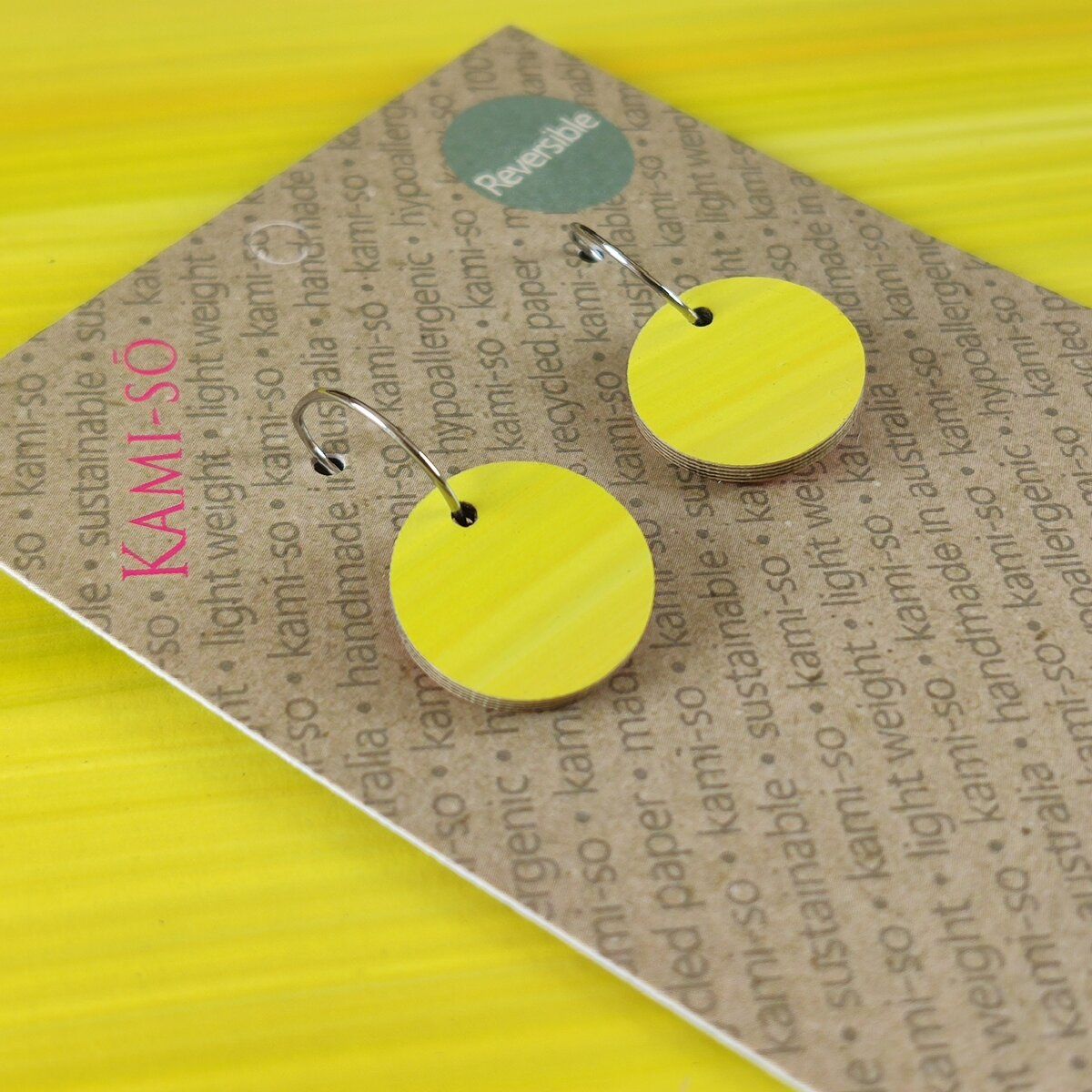 Reversible Circle Recycled Paper Earrings - Orange Swipe / Yellow Stripe