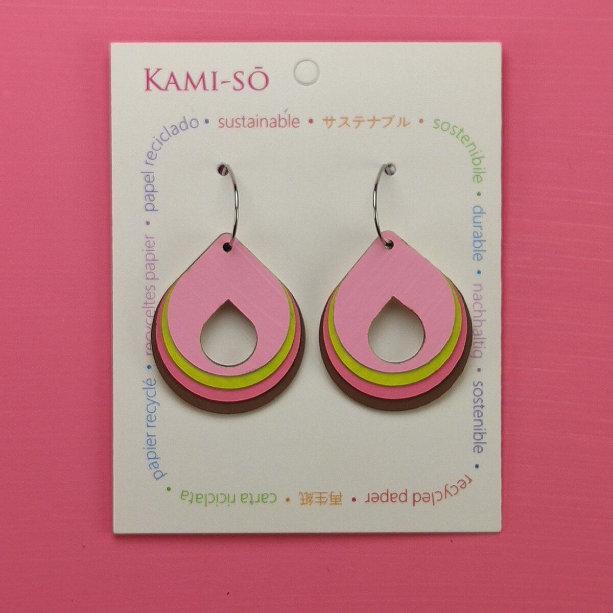 Circle Hoop Layered Recycled Paper Earrings - Pink, Lime & Brown