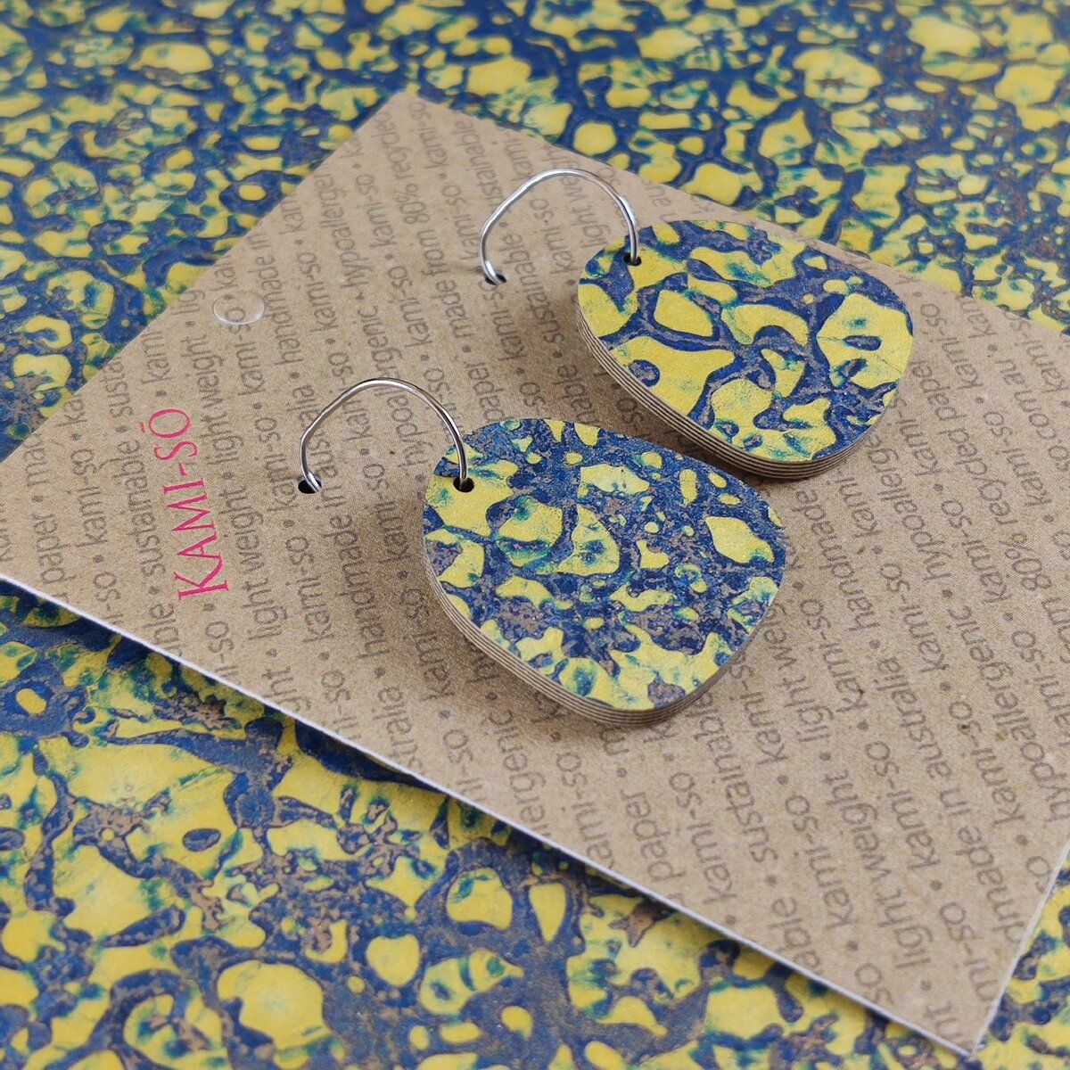 Square Recycled Paper Earrings - Gold & Blue Crackle