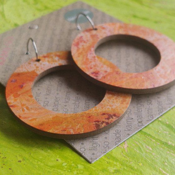 Reversible Circle Recycled Paper Earrings - Green & Gold / Orange