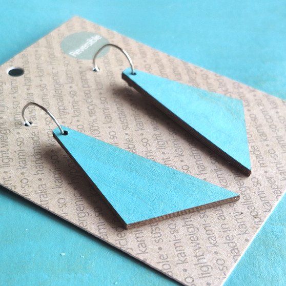 Reversible Triangle Recycled Paper Earrings - Orange Multicolour / Blue