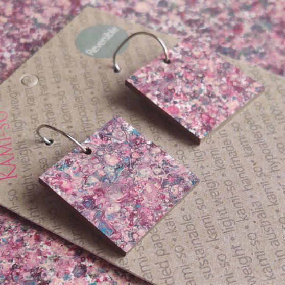 Reversible Square Recycled Paper Earrings - Blue / Purple Speckle