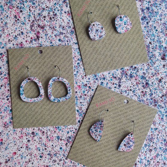 Mini Recycled Paper Earrings - Cream, Pink & Blue Speckle