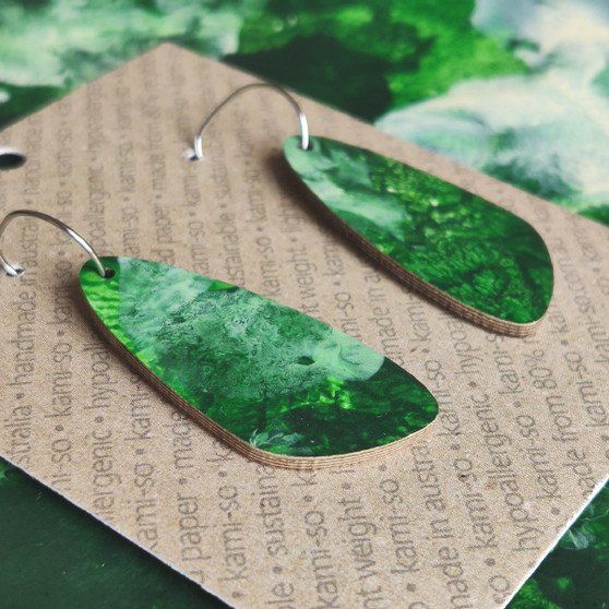 Oval Recycled Paper Earrings - Dark Green & White