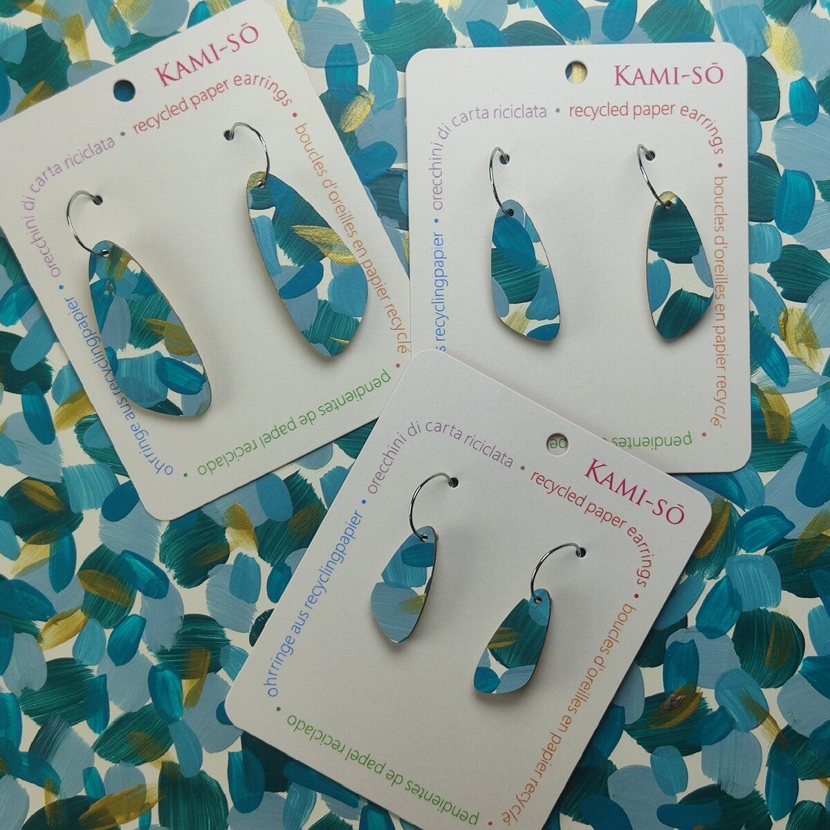 Oval Recycled Paper Earrings - Teal & Gold