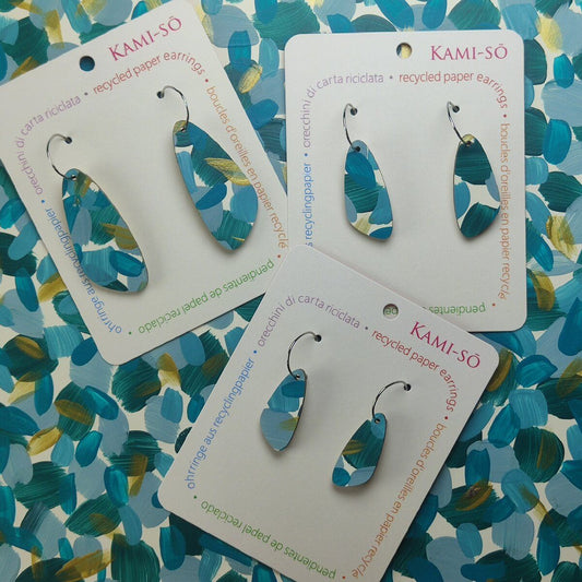 Oval Recycled Paper Earrings - Teal & Gold