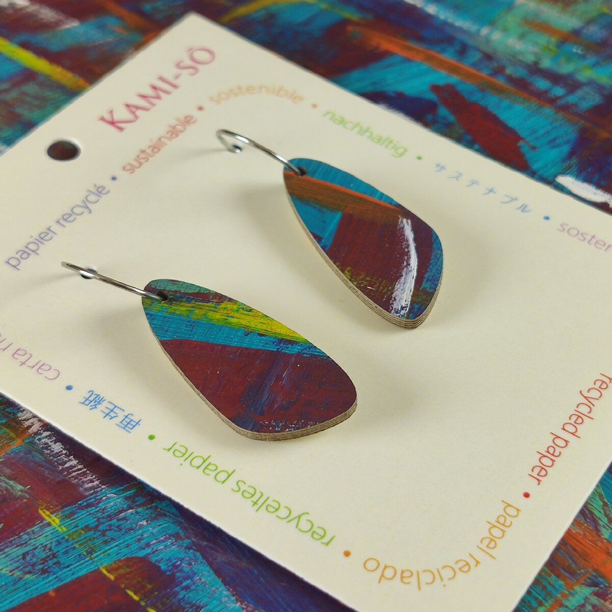 Oval Recycled Paper Earrings - Dark Blue, Red Yellow & Orange Brushstrokes