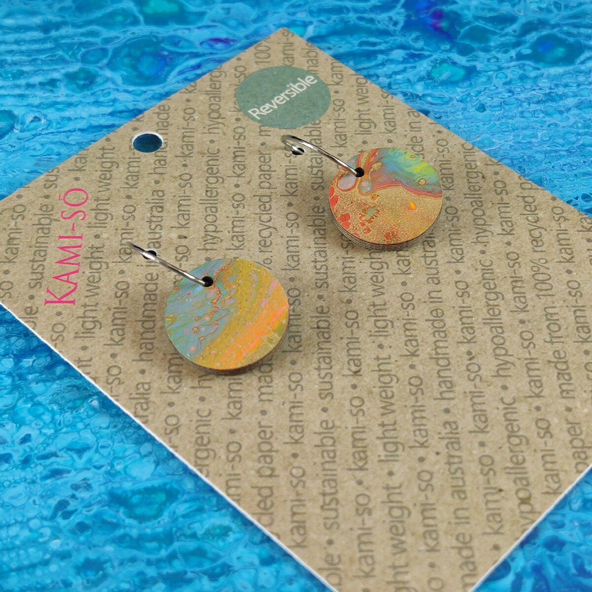 Reversible Circle Recycled Paper Earrings - Turquoise / Gold Multicolour