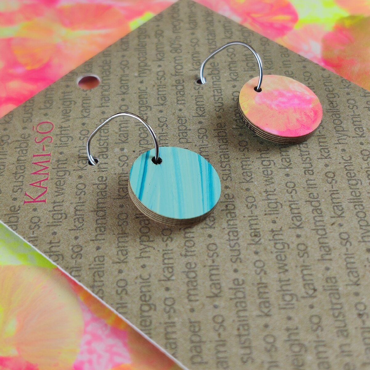 Reversible Circle Recycled Paper Earrings - Yellow & Pink Multicolour / Blue Stripes