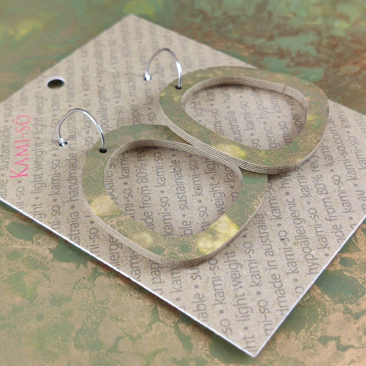 Square Recycled Paper Earrings - Green & Gold Crackle