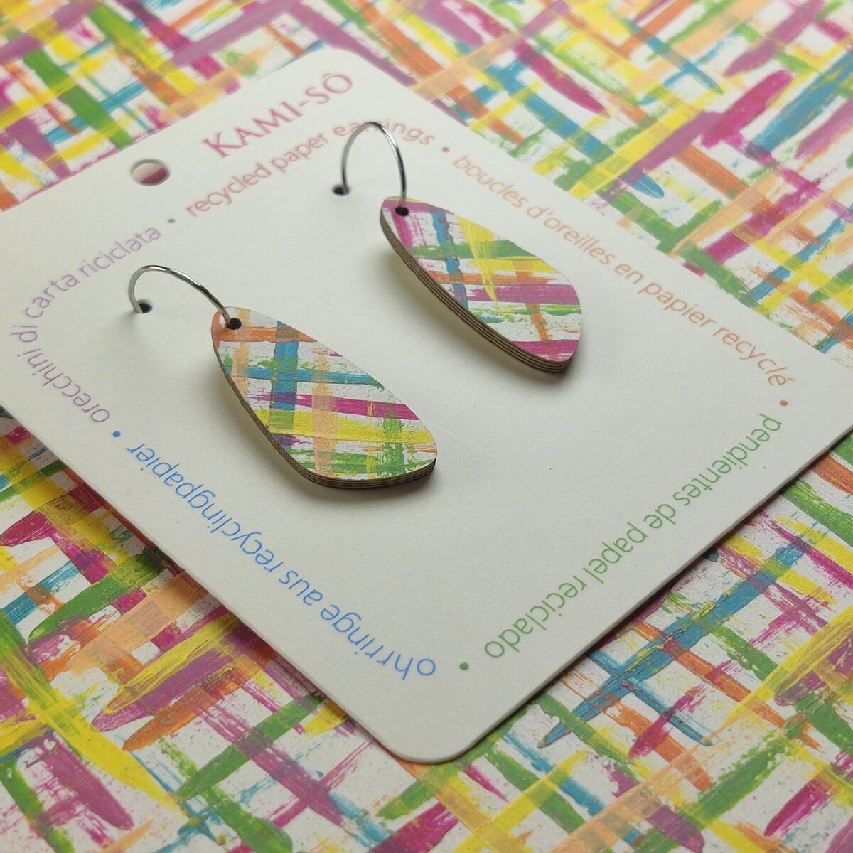Oval Recycled Paper Earrings - Blue, Plum, Orange & Yellow