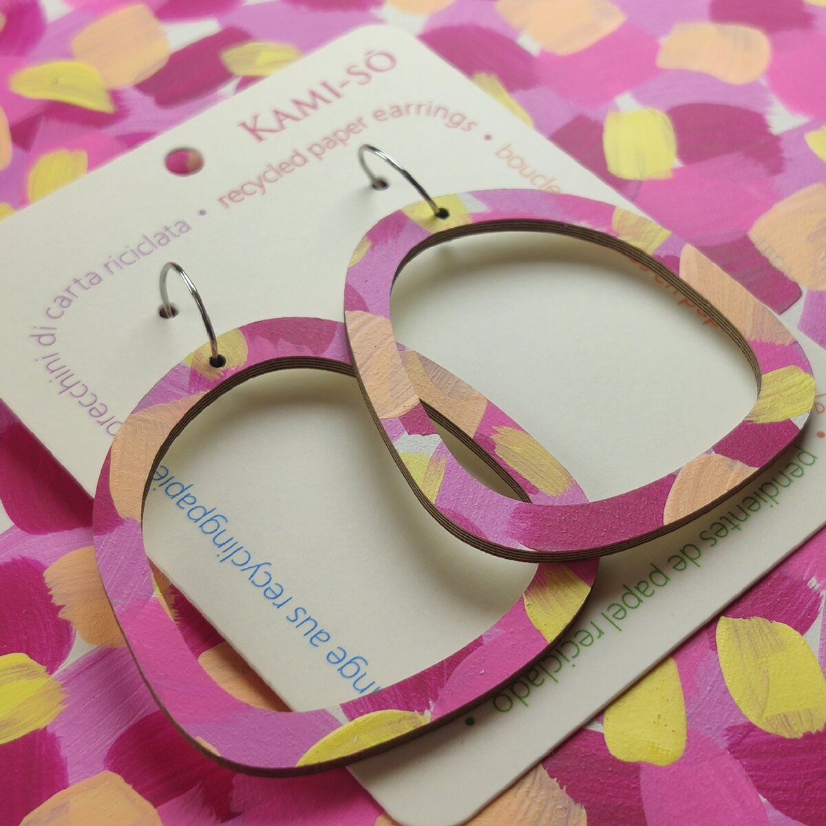 Square Recycled Paper Earrings - Pink, Yellow & Aricot