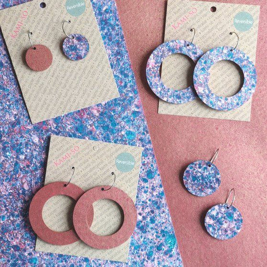 Reversible Circle Recycled Paper Earrings - Blue Speckle / Burgundy