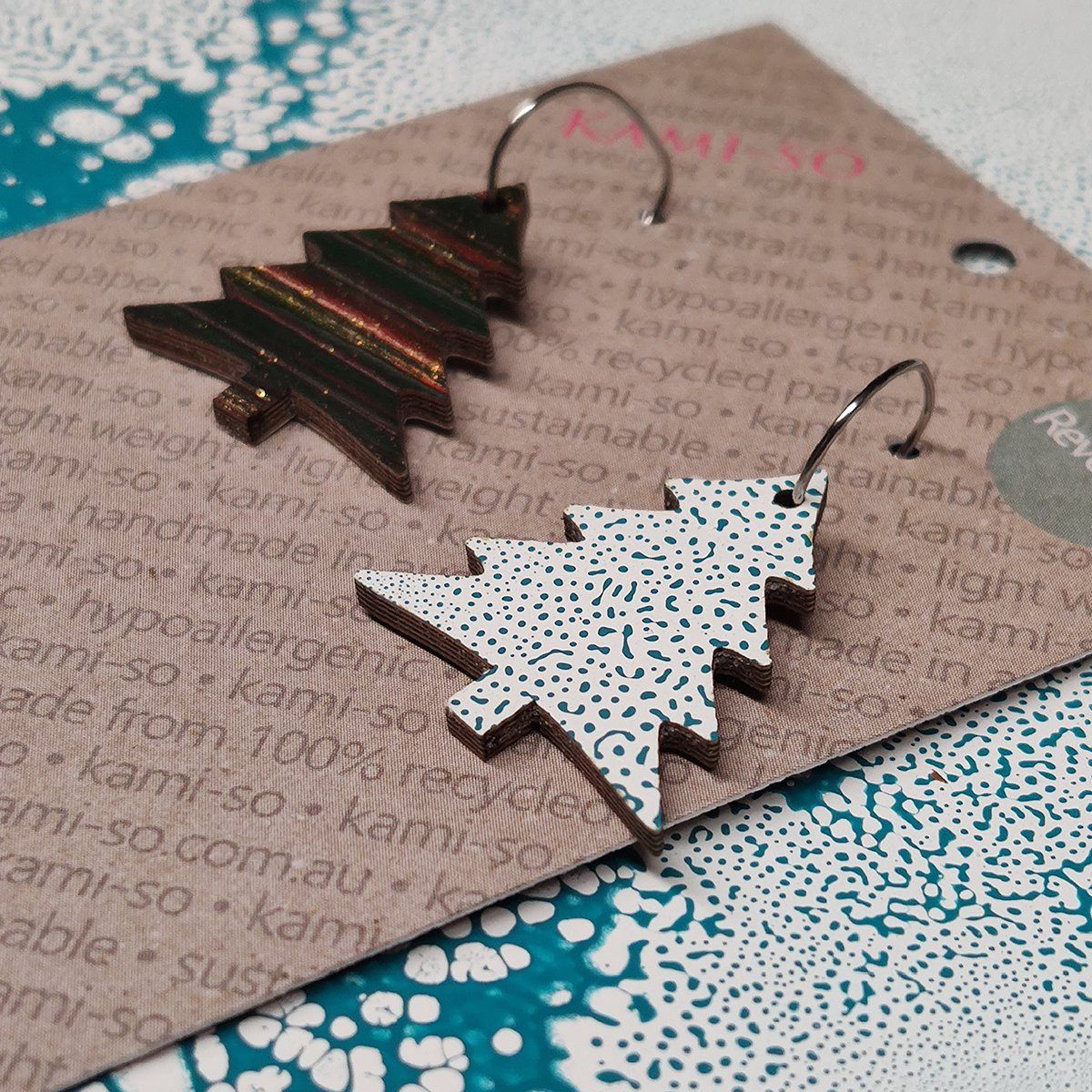 Reversible Christmas Tree Recycled Paper Earrings - Black & Gold / Blue & White Crackle