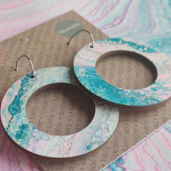 Reversible Circle Recycled Paper Earrings - Blue & Pink / Pink & White