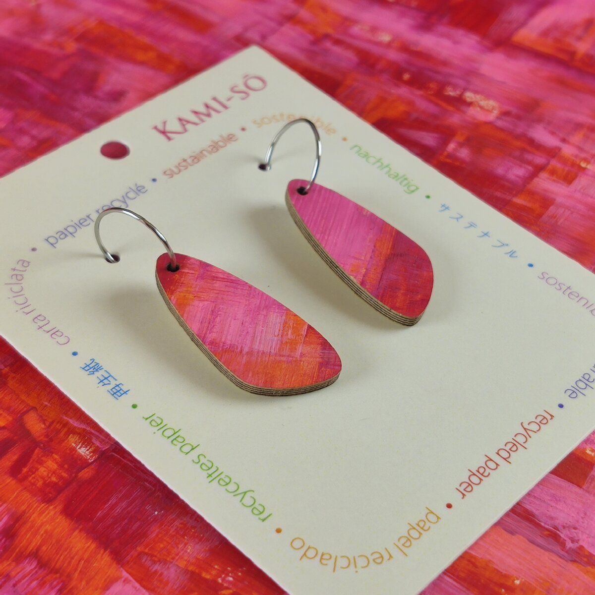 Oval Recycled Paper Earrings - Magenta, Orange & Pink Brushstrokes